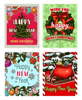 Christmas holiday tree and New Year gift sketch greeting card set. Xmas wreath, Santa sleigh and present with ribbon banner and frame of star, ball and candy, snowflake, sock, cookie and calendar