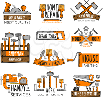 Work tool emblem set for home repair, house painting and carpentry work. Screwdriver, hammer, wrench and pliers, spanner, paint brush, roller, tape measure, saw, axe, trowel and wood toolbox sketches
