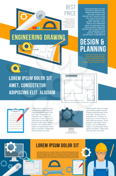 Construction, planning and building design banner for architecture company template. Engineering drawings, house plan, builder with tool, spanner, tape measure and ruler vector poster design