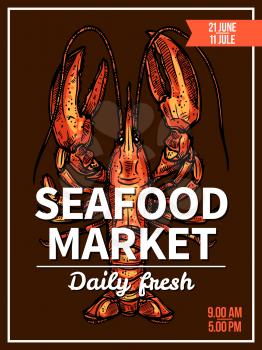 Lobster sketch poster for seafood market or restaurant menu template. Lobster sea animal, seafood crustacean or freshwater crayfish with large claws vector banner or flyer design