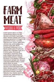 Sausage and meat fresh farm product vector banner template. Beef steak, pork sausage, ham, bacon, salami, lamb sirloin, frankfurter, chicken wurst sketch poster for butcher shop, barbecue menu design