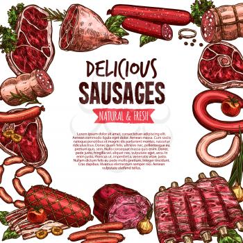 Sausage, beef and pork meat delicatessen vector sketch banner. Ham, salami, barbecue sausage, meat steak, bacon strip, chicken, gammon leg, frankfurter, grilled ribs and wurst poster for food design