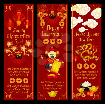 Happy Chinese lunar New Year greeting banners of traditional Chinese symbols and decorations. Vector golden coin hieroglyph, red paper lantern or mandarin man and fireworks dragon for China New Year