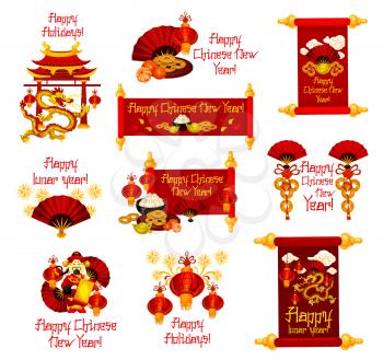 Happy Chinese New Year greetings icons of traditional Chinese lunar holiday symbols and decorations. Vector dragon temple, paper lantern and fireworks or golden coins on scroll for China New Year