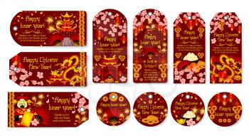 Chinese Lunar New Year holiday gift tag and label. Oriental Spring Festival dragon, red lantern and pagoda, golden coin, god of wealth and fan festive banner, adorned by spring flower and firework