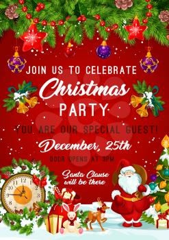 Christmas Party invitation poster design template of Christmas tree, Santa gifts and New Year bell and star decorations on red background. Vector snowflakes, gingerbread cookie and reindeer on tree