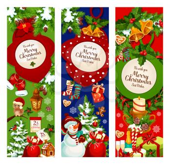 Christmas holiday celebration banner. Xmas tree, gift and holly berry wreath with ball, bell, candy cane, candle and snowman, red sock, snowflake, gingerbread and calendar for greeting card design