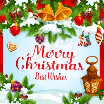 Christmas greeting poster with New Year wreath. Christmas tree and holly berry garland with bell, ball and snow, red sock, candle lantern and gingerbread cookie frame with wishes of Merry Christmas