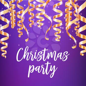 Christmas party poster of winter holidays celebration. Golden paper streamer and ribbon with shining star. Christmas tree glossy decoration background for party invitation flyer template design