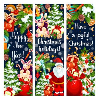 Merry Christmas or Happy New Year celebration greeting banners. Vector Santa gifts and New Year decoration garland lights on Christmas tree, gingerbread cookie or champagne and snowman in holly wreath