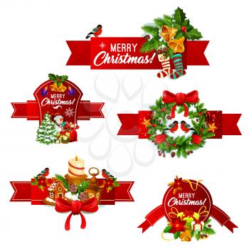 Merry Christmas ribbon banner set of winter holidays celebration. Xmas tree and holly berry wreath with gift box, snowflake, star and bell, candle, snowman, gingerbread cookie and stocking sock