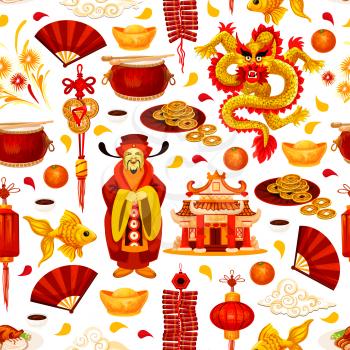 Chinese New Year seamless pattern background with asian holiday symbols. Oriental Spring Festival lantern, dragon and god of wealth, fortune coin, gold ingot and pagoda, firework, fan and firecracker