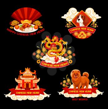 Chinese New Year label for Oriental Spring Festival design. Asian dragon, zodiac dog, festive food and pagoda icon with gold ingot, lucky coin and firework, fan and ribbon banner with greeting wishes