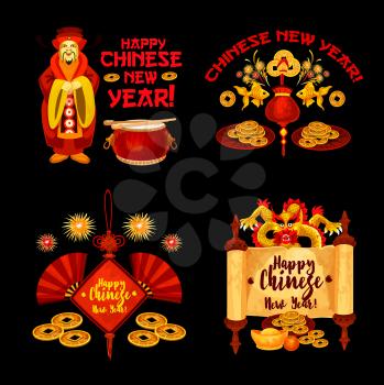 Chinese Lunar New Year badge with asian holiday ornaments. Oriental Spring Festival lucky coin, dragon and god of wealth with gold ingot, firework and fan, parchment and wishes of Happy New Year