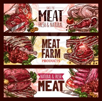 Meat, fresh cut of beef and pork sketch banner set. Beef steak, pork chop and ribs, chicken, lamb sirloin, bacon, veal brisket and ground meat cutlet with knife, herbs and spices for food design