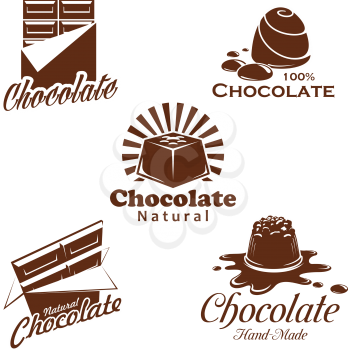 Chocolate candy and bar vector symbol set. Cacao dessert and choco sweets with nuts and milk brown emblem decorated by drop and splashes of melted chocolate. Sweet shop and confectionery design