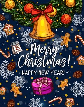 Merry Christmas and Happy New Year celebration greeting card sketch. Vector Santa gifts and New Year golden bell decoration garland lights on Christmas tree, gingerbread cookie and holly or fir wreath