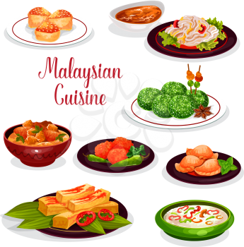 Malaysian cuisine restaurant dinner icon. Rice risotto, chicken potato stew, meat curry pie, fried zucchini with chilli sauce, shrimp pancake, bean sprout salad, coconut dessert, vanilla cake