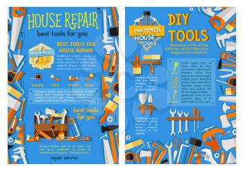 House repair work tool, construction equipment and carpentry instrument posters. Screwdriver, hammer and spanner, paint brush, wrench, roller, tape measure, trowel, ruler, saw vector poster design