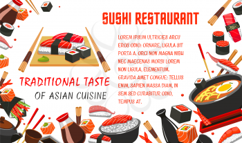 Japanese sushi restaurant banner of traditional asian food. Sushi roll with salmon fish, seafood rice, nigiri sushi with tuna, shrimp and seaweed, chopsticks, soy sauce, noodle soup for poster design