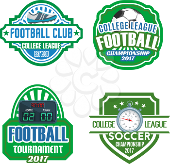 Football sport club and soccer championship tournament badge set. Soccer ball, football boots, goal score board and referee stopwatch on shield isolated vector symbol with ribbon banner and star