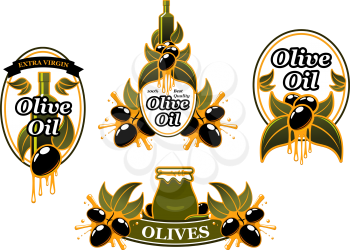 Olive oil icons or labels of green and black olives for extra virgin product package design template. Vector set of oil bottle or jar and drops on olive leaf for best quality organic cooking oil