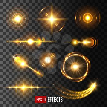 Light flashes, sun beams and star lights isolated icons on transparent background. Vector set of shining beam with lens flare effect or glittering sunlight ray or solar space burst and twinkling light
