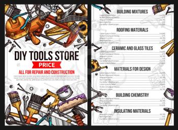 DIY work tools store price list for house repair or handyman construction service. Vector sketch building mixture, roofing material ceramic and glass tile for interior design, chemistry and insulating