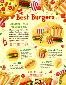 Fast food poster of best burgers, pizza and sandwiches for fastfood restaurant or delivery. Vector combo meals of cheeseburger, hamburger or hot dog and popcorn, ice cream and donut cake dessert