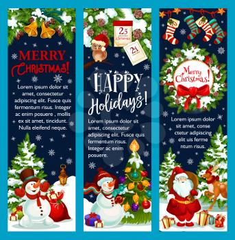 Merry Christmas and Happy Holidays wish greetings banners design. Vector Christmas tree, Santa gift bag, snowman and golden bells in calendar and holly wreath decoration for New Year winter season