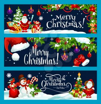 Merry Christmas and best wish greeting banners design template. Vector Santa gift bag at Christmas tree, snowman on sleigh and Xmas decorations on snow for winter holiday seasonal celebration