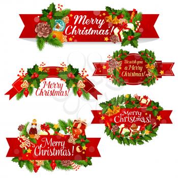 Christmas wreath ribbon banner for winter holidays celebration. Holly berry and Xmas tree branch with Santa bell, red ribbon and gift, star, candy and cookie, gingerbread man, sock and ball