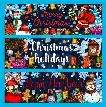 Merry Christmas and Happy New Year holidays sketch banners and wishes greeting card. Vector Christmas stockings decorations garland on fir tree, Santa gift bag and snowman, holly wreath and cookie