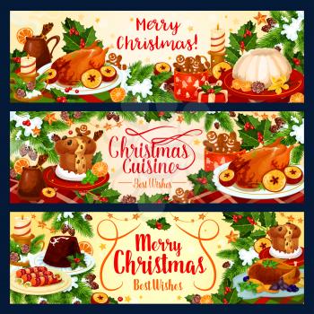 Merry Christmas dinner or winter holiday dish table banners with seasonal wish and greetings. Vector candy, pie or wine and cookie pie for New Year in Christmas tree decoration and holly wreath