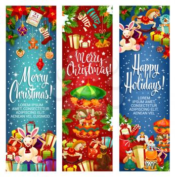 Merry Christmas wish and greeting banners for winter happy holiday card. Vector gifts under Christmas tree, New Year decoration of golden bell and star, holly wreath and candle with gingerbread cookie