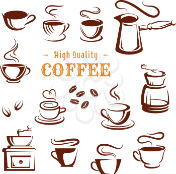 Coffee cups and makers icons for coffeehouse, cafeteria or cafe. Hot chocolate mug, strong espresso or latte macchiato and americano steam, turkish cezve and retro grinder vector set for coffee shop