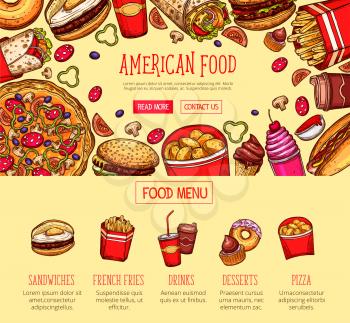 Fast food menu sketch poster or landing page template. Vector fastfood restaurant meals of sandwich, french fries snack or soda and coffee drink, cupcake or donut dessert and pizza or chicken nuggets