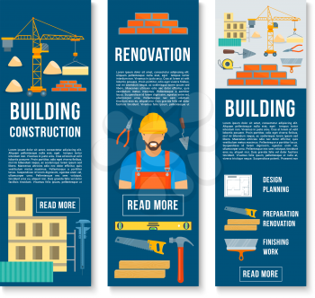 Building and construction banners set of builder work tools. Vector house builder instruments of winch crane, brickwork and concrete trowel or mixer, planning ruler or carpentry saw and hammer