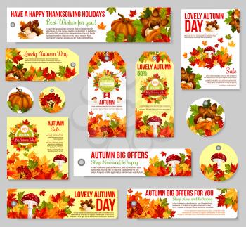 Autumn sale tag and fall season discount offer label set. Autumn leaf, fallen harvest pumpkin vegetable, yellow and orange maple foliage, forest mushroom, acorn and rowan berry for retail design