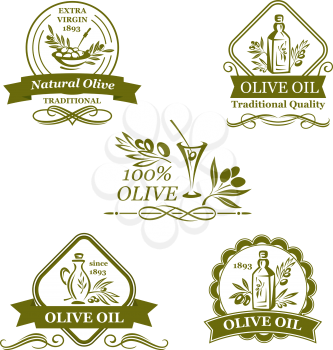Olives icons for olive oil product labels or Italian cuisine design template. Vector isolated symbols of green olive tree branch, olive in cocktail glass for organic extra virgin oil bottle