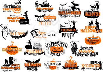 Happy Halloween party or holiday greeting card icons set. Vector set of pumpkin, Halloween scary symbols of witch, zombie and skeleton on graveyard, tombstone and death scythe at coffin and black cat