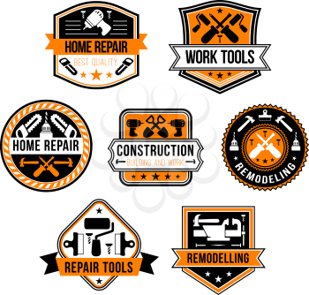 Home repair and construction work tools icons. Vector isolated set of carpentry hammer or saw and woodwork drill or grinder, screwdriver and house renovation trowel and paint brush