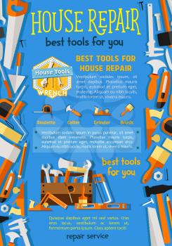 House repair work tools poster template. Vector home construction and renovation drill, saw or hammer and carpentry woodwork grinder, ruler or screwdriver and plastering trowel or paint brush