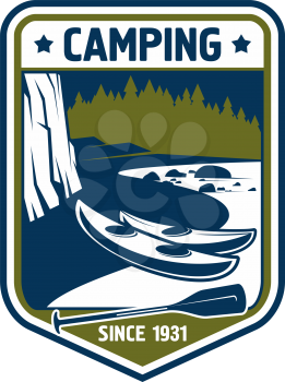 Camping adventure or mountain rafting or hiking sport club badge icon. Vector isolated canoe boat paddles near river for extreme nature camp trip or mountaineering and forest outdoor exploration