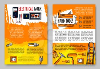 Home repair and electrical work tools sketch posters design template for house renovation. Vector electrician screwdriver or socket plug and fuse, carpentry grinder and hammer and paint brush