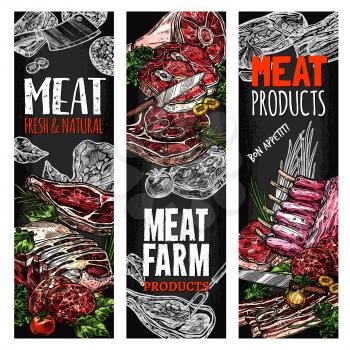Fresh meat or butcher shop gourmet farm meaty products sketch banners. Vector pork bacon or tenderloin and beef steak, chicken legs and filet or lamb brisket, bacon and veal sirloin for cooking