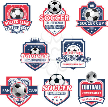 Soccer college league championship icons or football sport cup tournament badges. Vector set of soccer ball, victory cup and stars on champion laurel wreath and crown for soccer team game