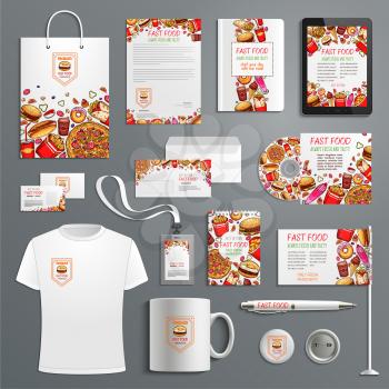 Fast food restaurant or fastfood burgers advertising promo items template for company branding. Vector branded apparel and office stationery t-shirt apparel, business card, flag, mug cup and paper bag