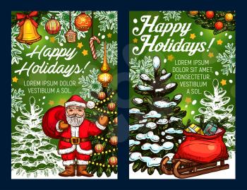 Merry Christmas or Happy New Year wish greeting card sketch design for winter holidays celebration. Vector Santa and presents bag on sleigh at Christmas tree and decoration garland of golden bells