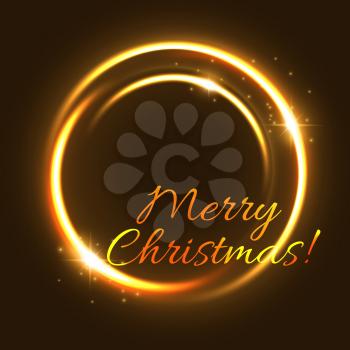 Christmas light greeting card of glowing golden circle. New Year neon ring of glowing swirl motion trail with Xmas star and shining sparkles for winter holidays party poster or invitation flyer design